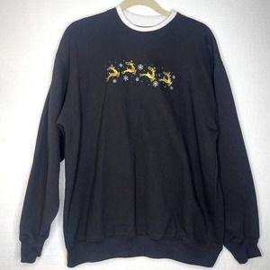 M&C 90s Black Gold Reindeer Embroidered Crewneck Holiday Sweater size large